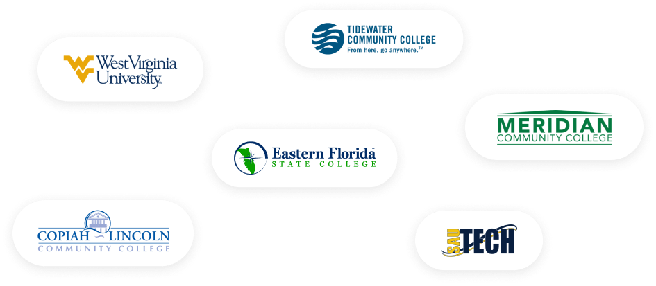 Logos: West Virginia University, Tidewater Community College, Eastern Florida State College, Meridian Community College, Copiah-Lincoln Community College, SAU Tech